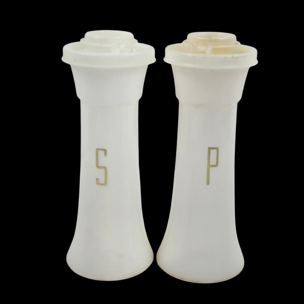 Tupperware 6" Salt and Pepper Shakers Hourglass Vintage White Gold Lettering
